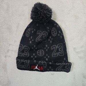 Jordan Youth Beanie Black Grey 23 Basketball Pom Pom Knit Hat 0607-023